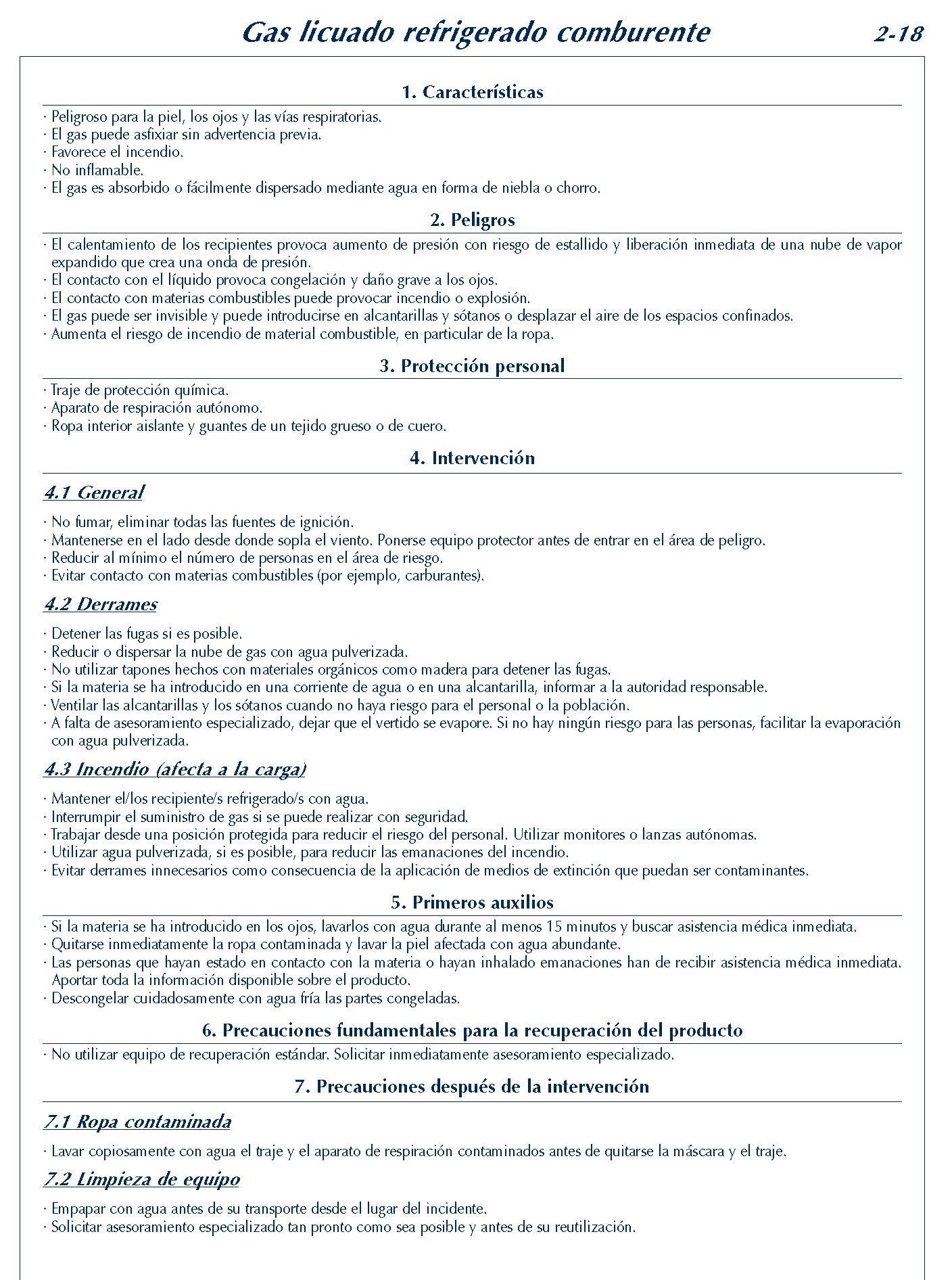 124 FICHA 2-18 GAS LICUADO REFRIGERADO COMBURENTE FICHAS EMERGENCIA